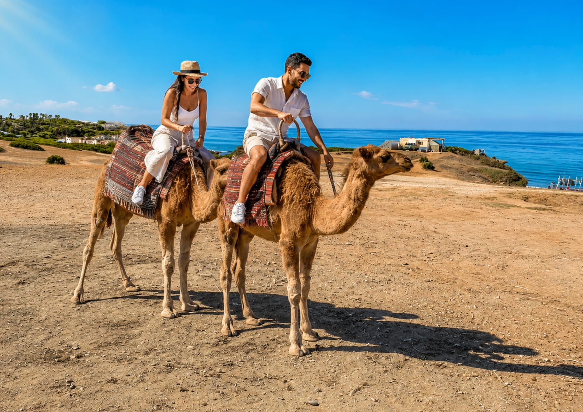 Travellers enjoying a camel ride near Tangier with ocean views in the background