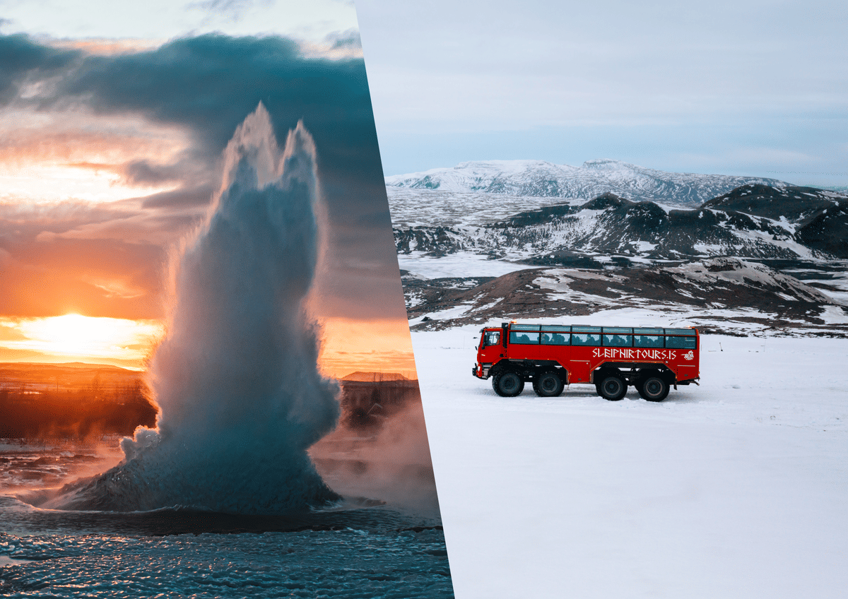 Geysir spouting hot spring and Monster Truck