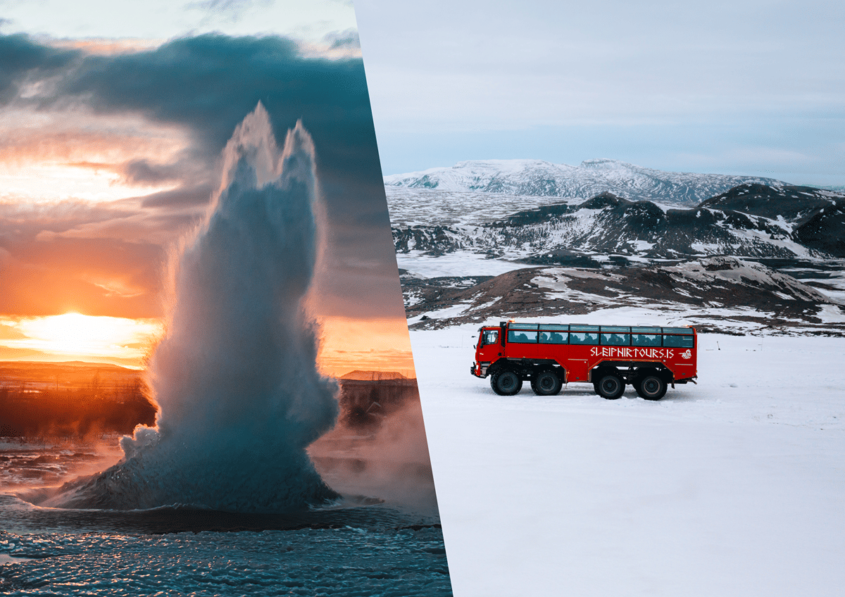 Geysir spouting hot spring and Monster Truck