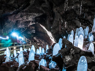 A view of icicles along the cave floor. Often called "Ice Spikes", these formations occur during the coldest months of the year.