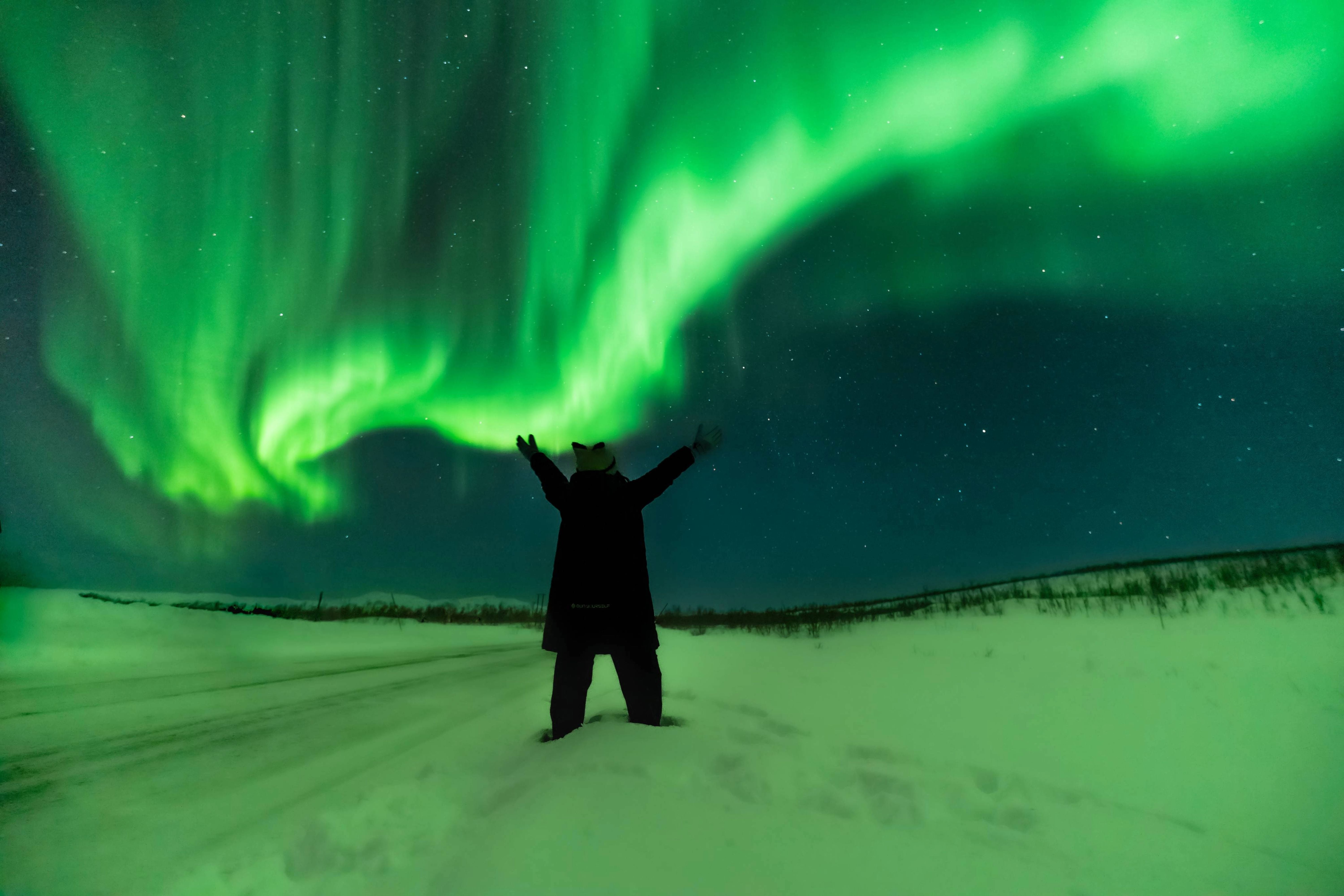 Traveler with arms raised in victory standing on a wide snow-covered field under a massive green Northern Lights corona in Tromsø.