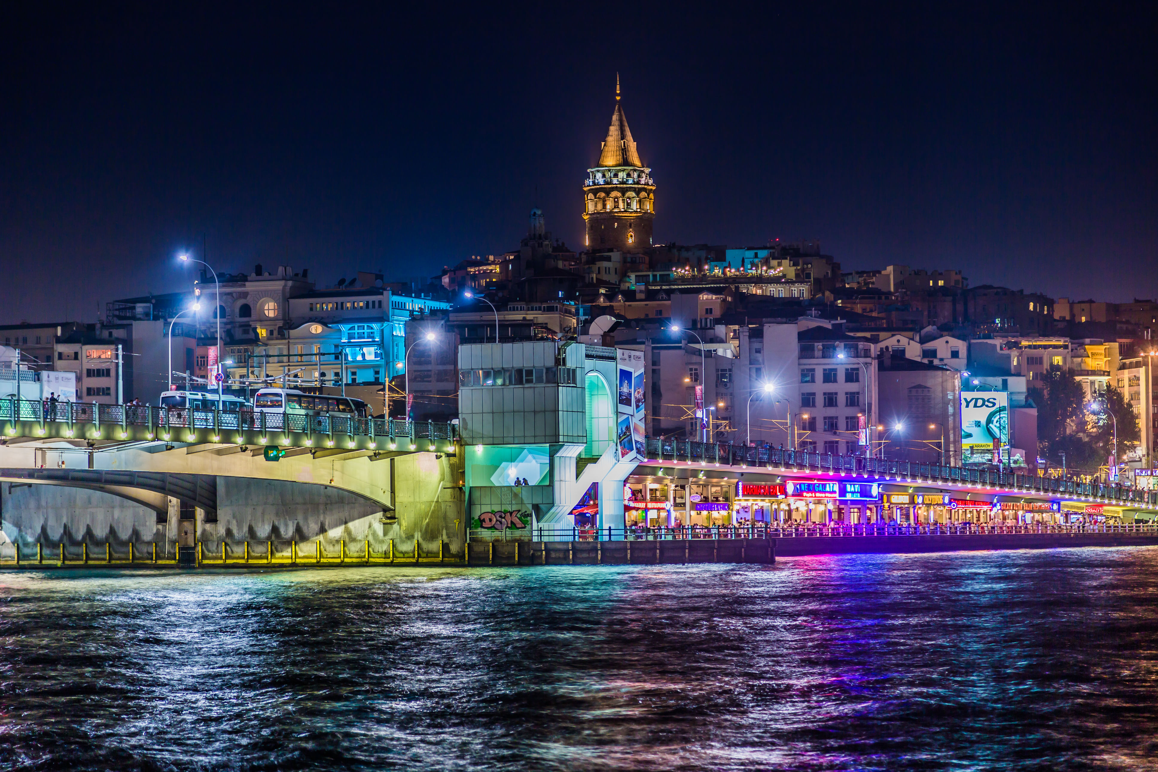 Alt text: “Nighttime view of Istanbul featuring the brightly lit Galata Bridge spanning the Golden Horn and the illuminated Galata Tower in 