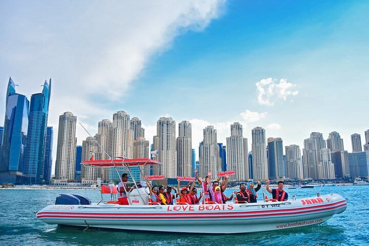 The best view of the JBR towers! Speed past the dazzling cluster of skyscrapers in Jumeirah Beach Residence on your thrilling Dubai Speedboat: Marina, JBR &amp; Ain Dubai Skyline Cruise!