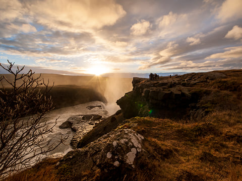 Golden sunset at Gullfoss waterfall
