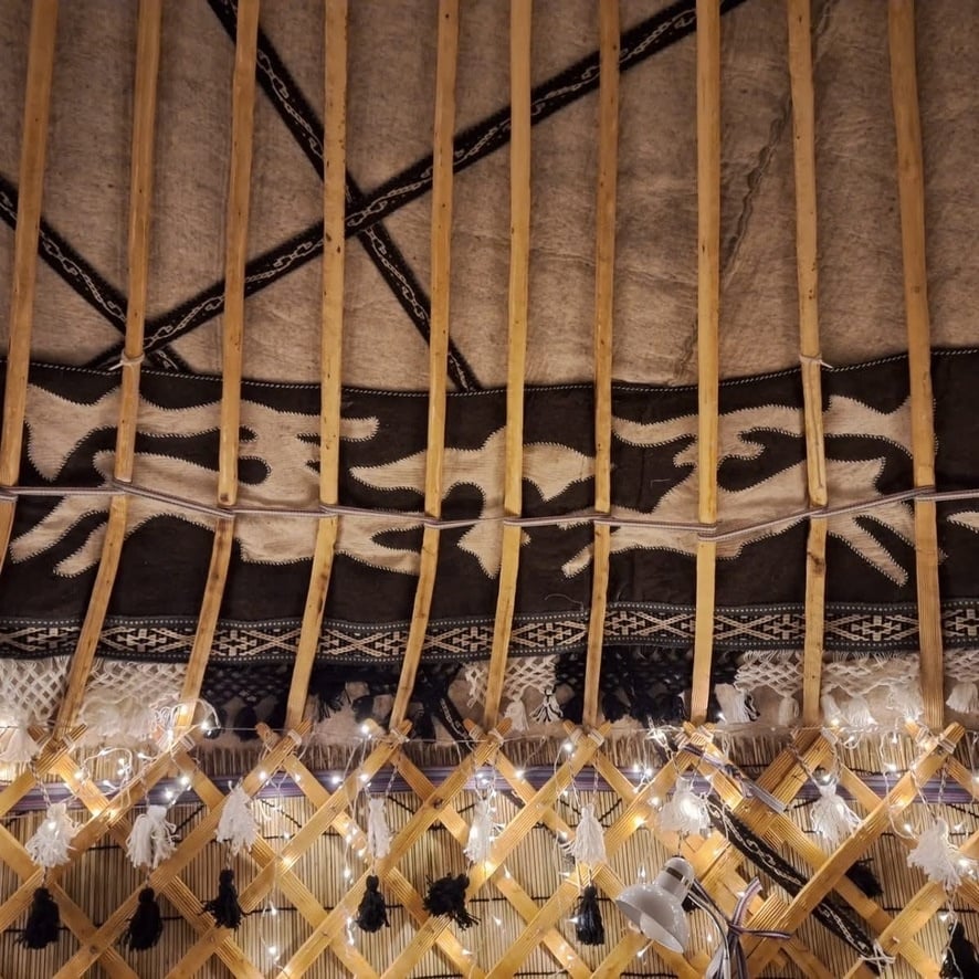 Authentic Kyrgyz craftsmanship, with traditional handmade felt decorations and a wooden yurt structure.