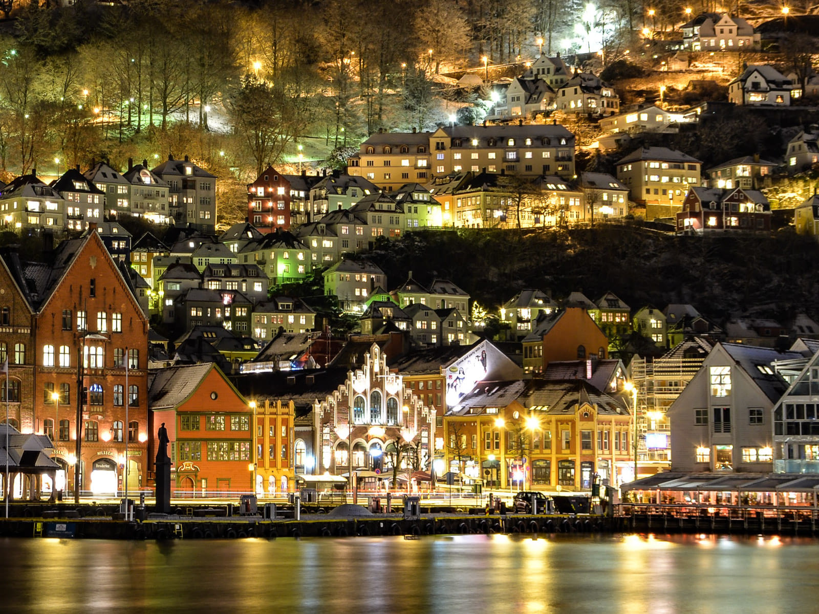 Night view of Bergen’s waterfront lights and colorful houses, showing the atmospheric city scenes explored during the photowalk.