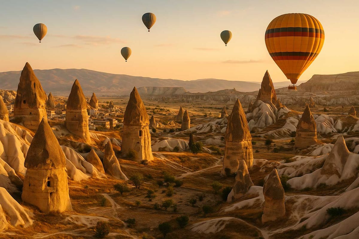 Golden-hour Cappadocia — balloons drifting across a warm, dramatic landscape.