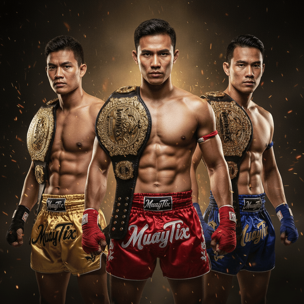 Three Muay Thai champions at Rajadamnern Stadium Bangkok with gold title belts and MuayTix shorts symbolising Thai boxing excellence