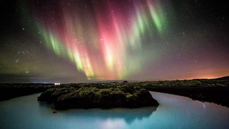 Colour explosion made by northern lights at Blue Lagoon