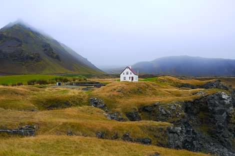 Lone house in Iceland landscape. South coast and northern lights tour