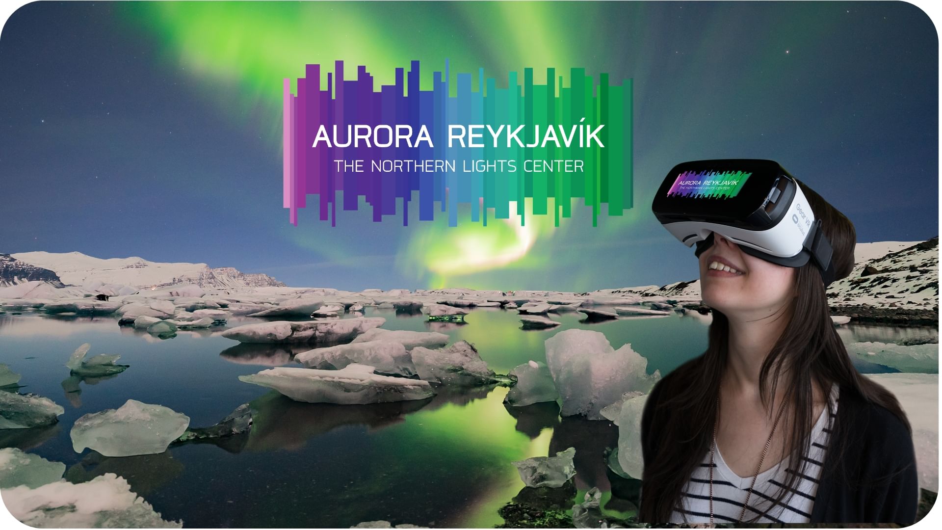 Northern Lights over Iceland; visitor to Aurora Reykjavík wearing the VR headset with 360° Northern Lights