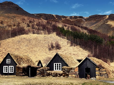 Turf houses in Skógar by Skógafoss waterfall
