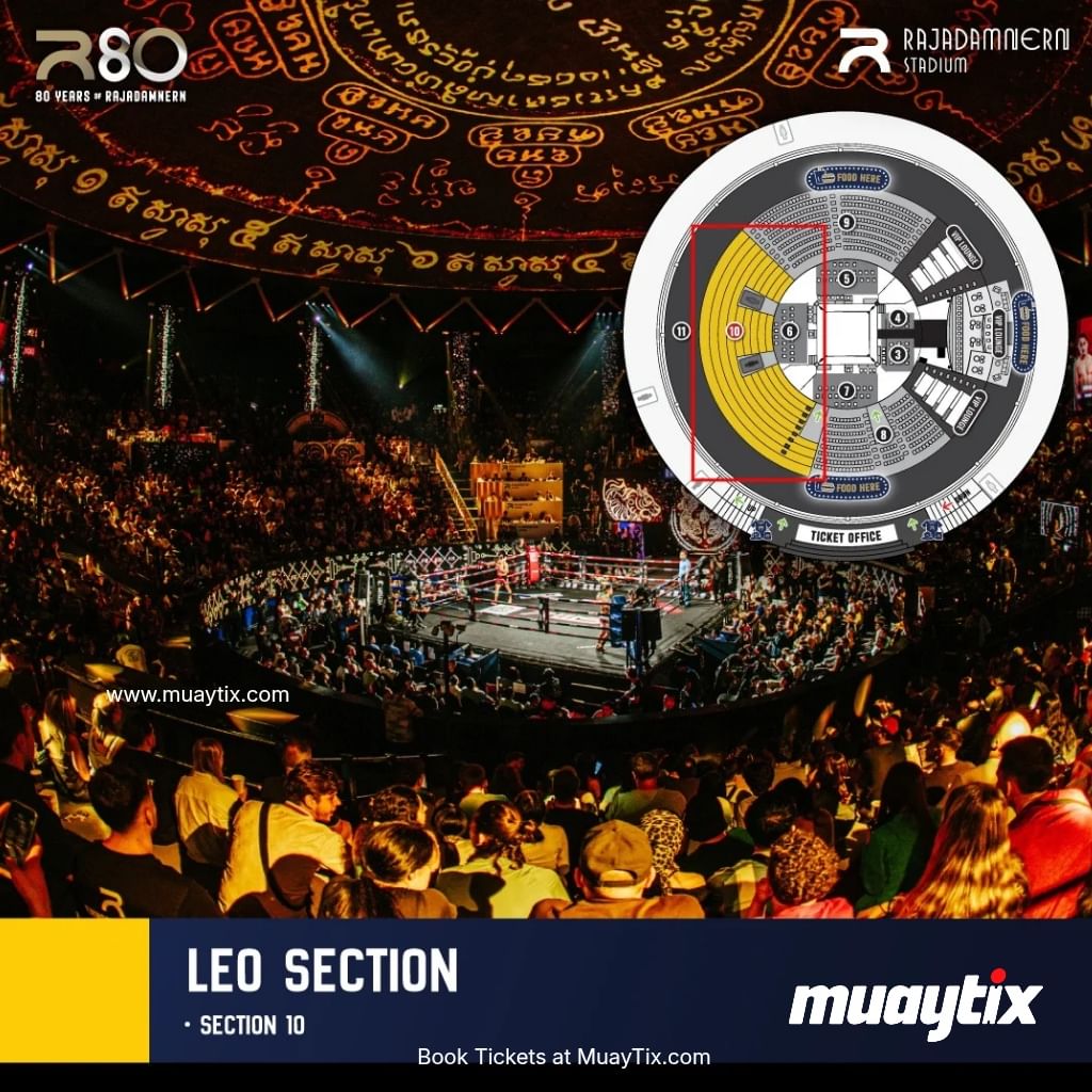 LEO Section at Rajadamnern Stadium with local Muay Thai crowd and betting atmosphere.