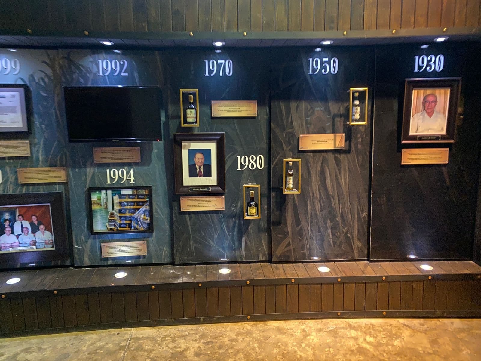 Historical panel with dates, photographs and bottles showing the evolution of Ron Barceló in the Ron Barceló Historical Center.