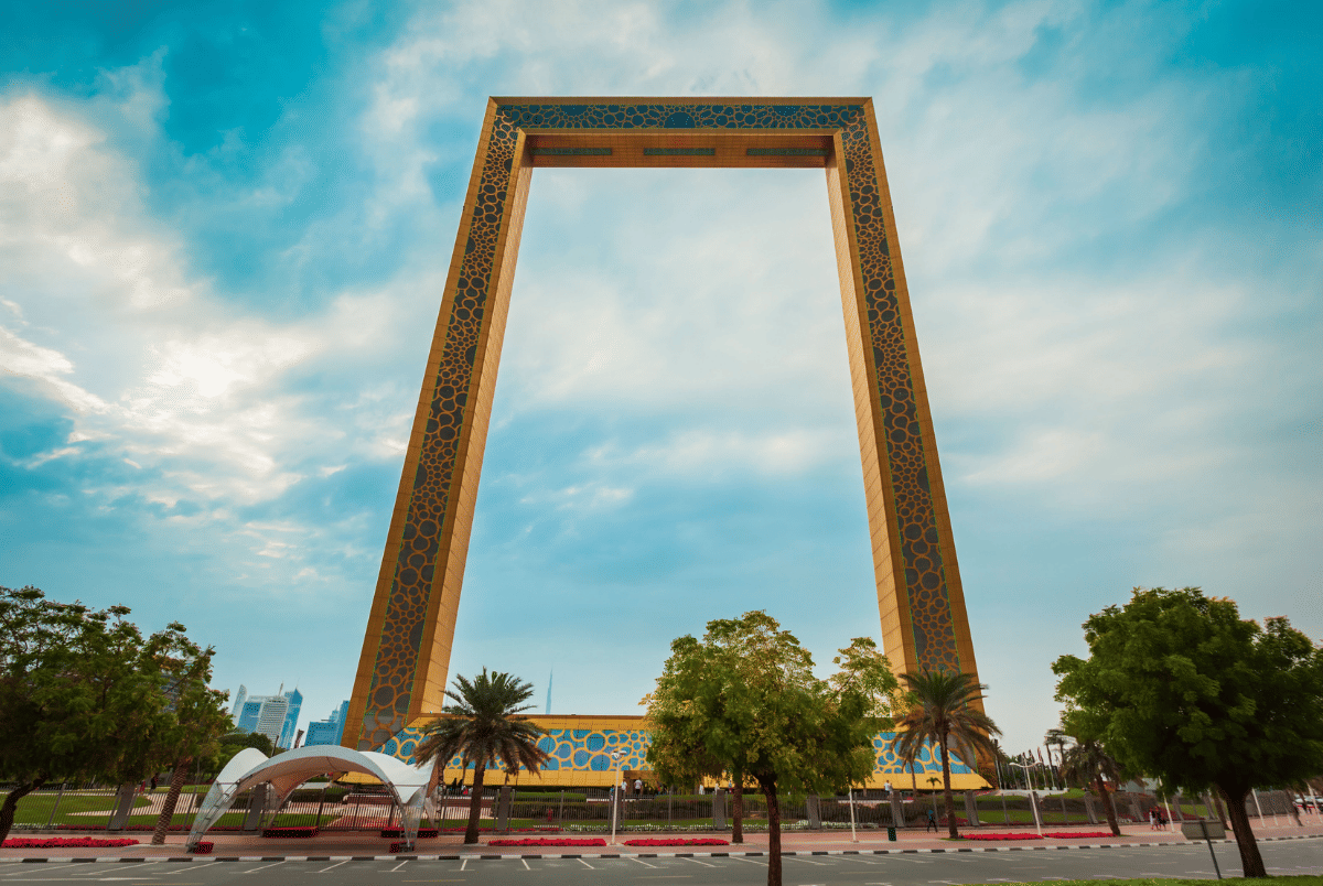 The Dubai Frame landmark with city views in the background