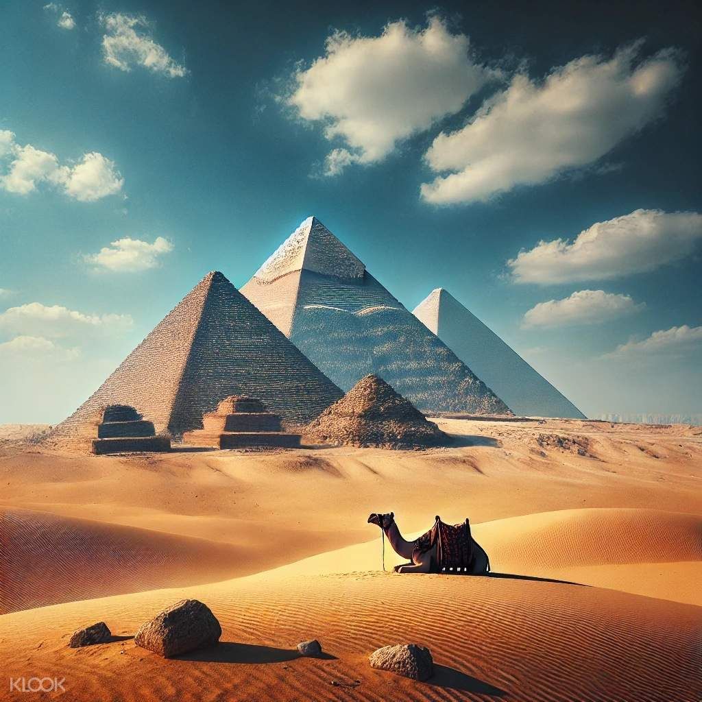 Panoramic view of the Great Pyramids of Giza and the Sphinx under the bright Cairo sky.