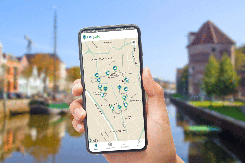 Phone showing the Qugato app interface of the Zwolle City Detective game at Breestraat.