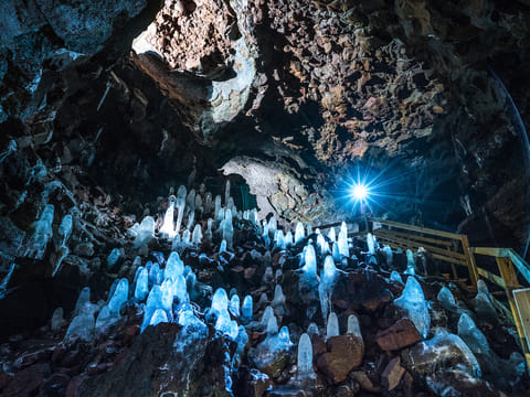 A view of icicles along the cave floor. Often called "Ice Spikes", these formations occur during the cold winter months.
