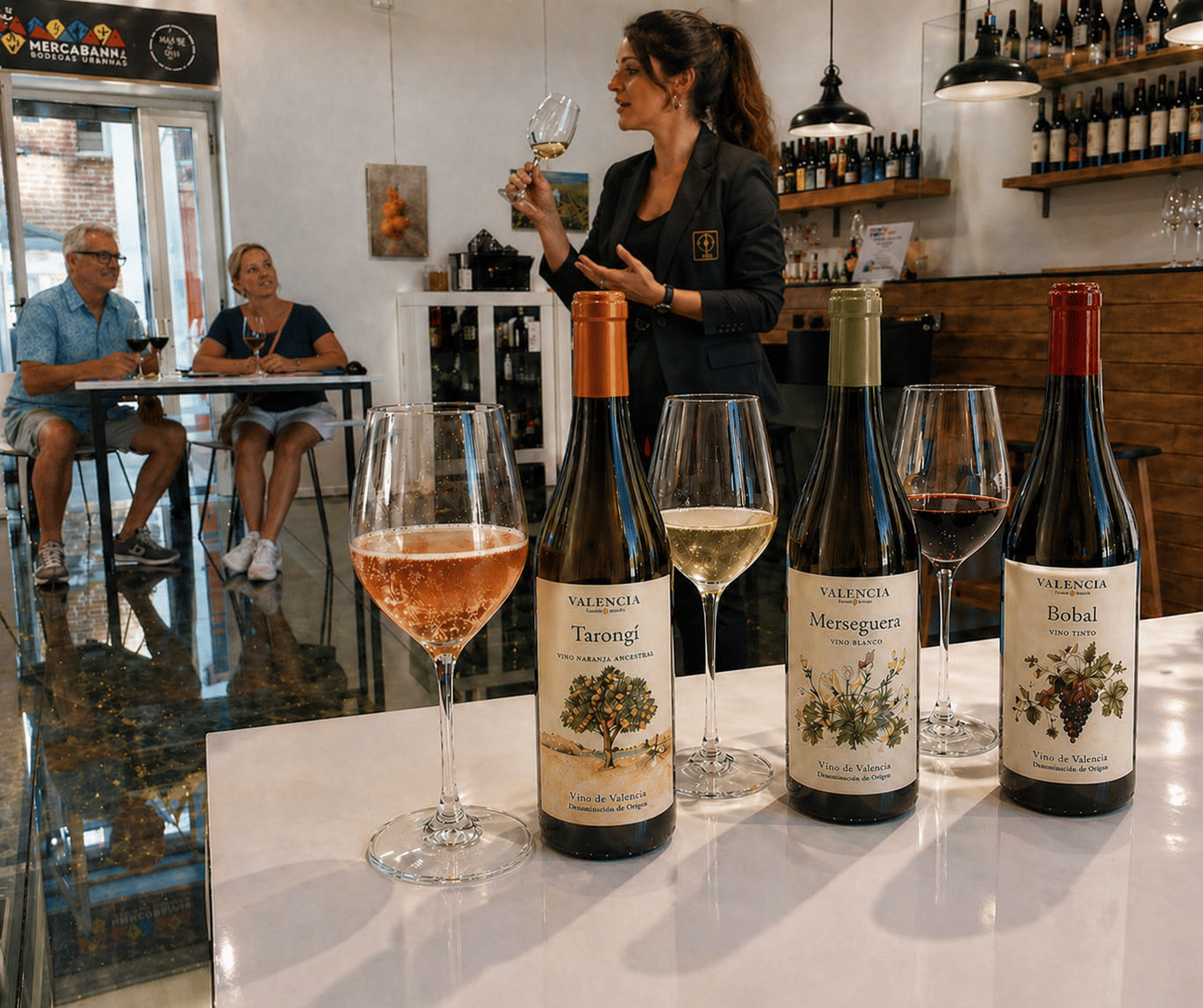 Selection of Valencian wines with glasses and a sommelier leading a tasting experience in Valencia, Spain