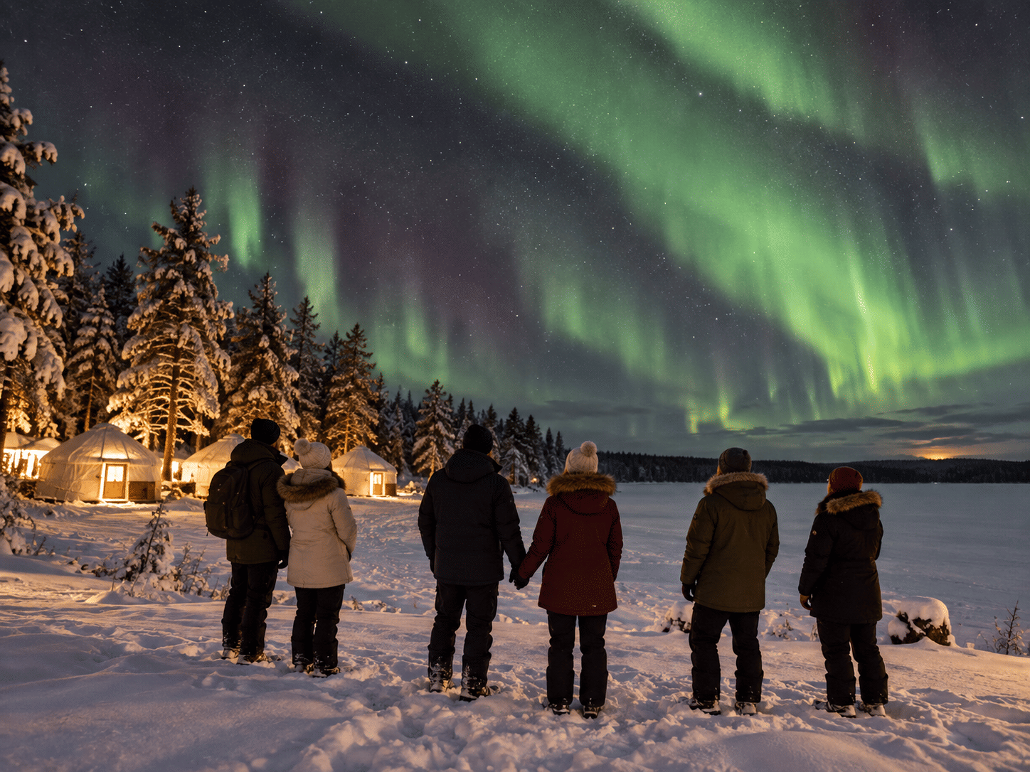 Guests watching the Northern Lights beside a frozen lake and illuminated yurts near Levi.