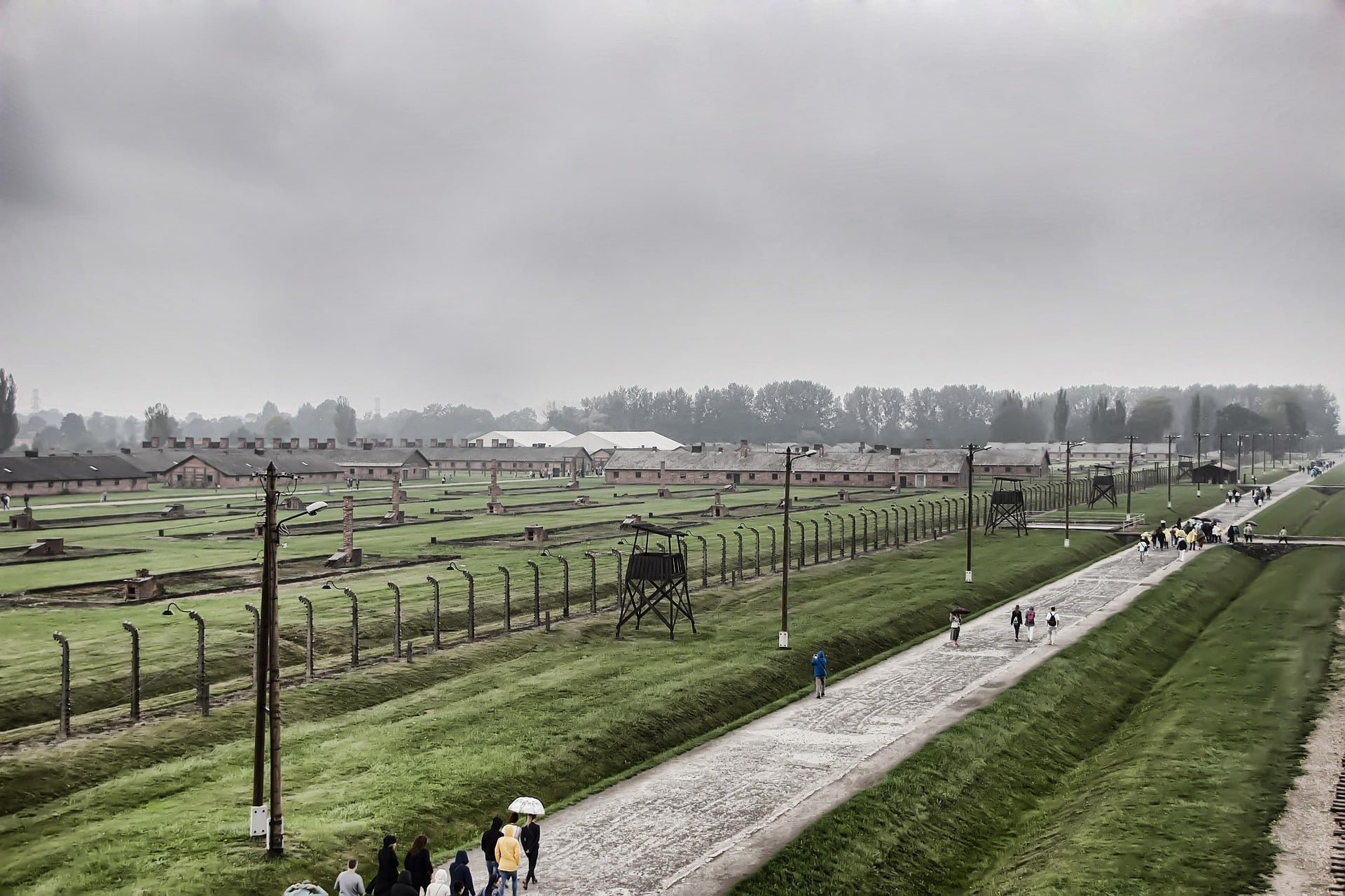 Wide view of the Auschwitz-Birkenau grounds on an overcast day, with barrack rows and a watchtower in the distance