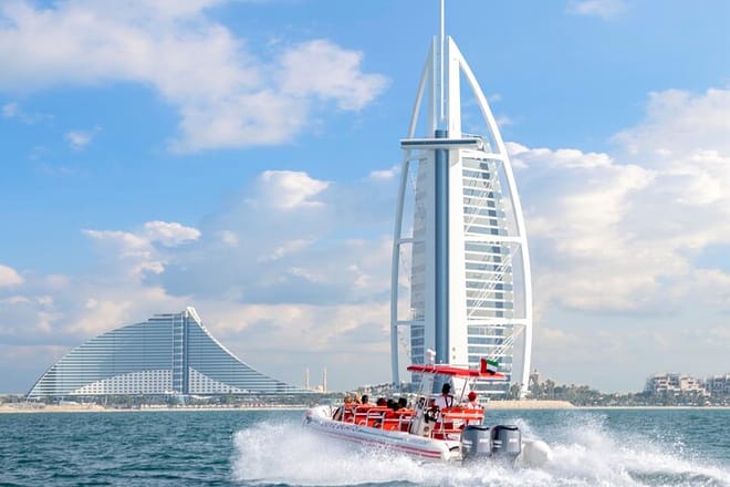 Thrill past the world-famous sail-shaped Burj Al Arab on a high-speed Dubai Speedboat tour of the dazzling Arabian Gulf coastline!