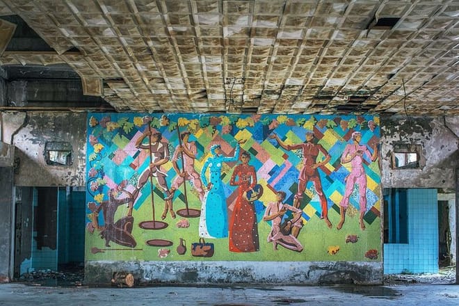 A mosaic colors a former restaurant inside Sanatorium Aya in Tskaltubo, Georgia