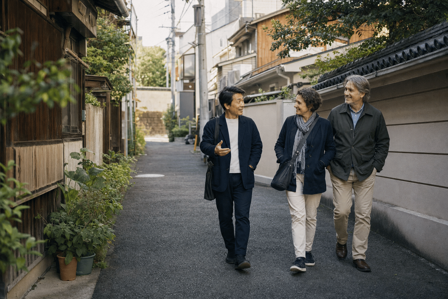 AI-generated illustrative image of a local guide walking with two guests through a quiet Yanaka-style neighbourhood lane.