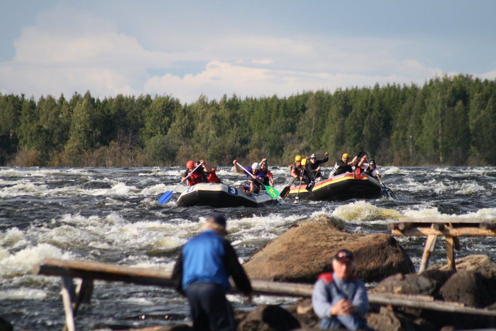 Two rafts rafting on river Tornionjoki