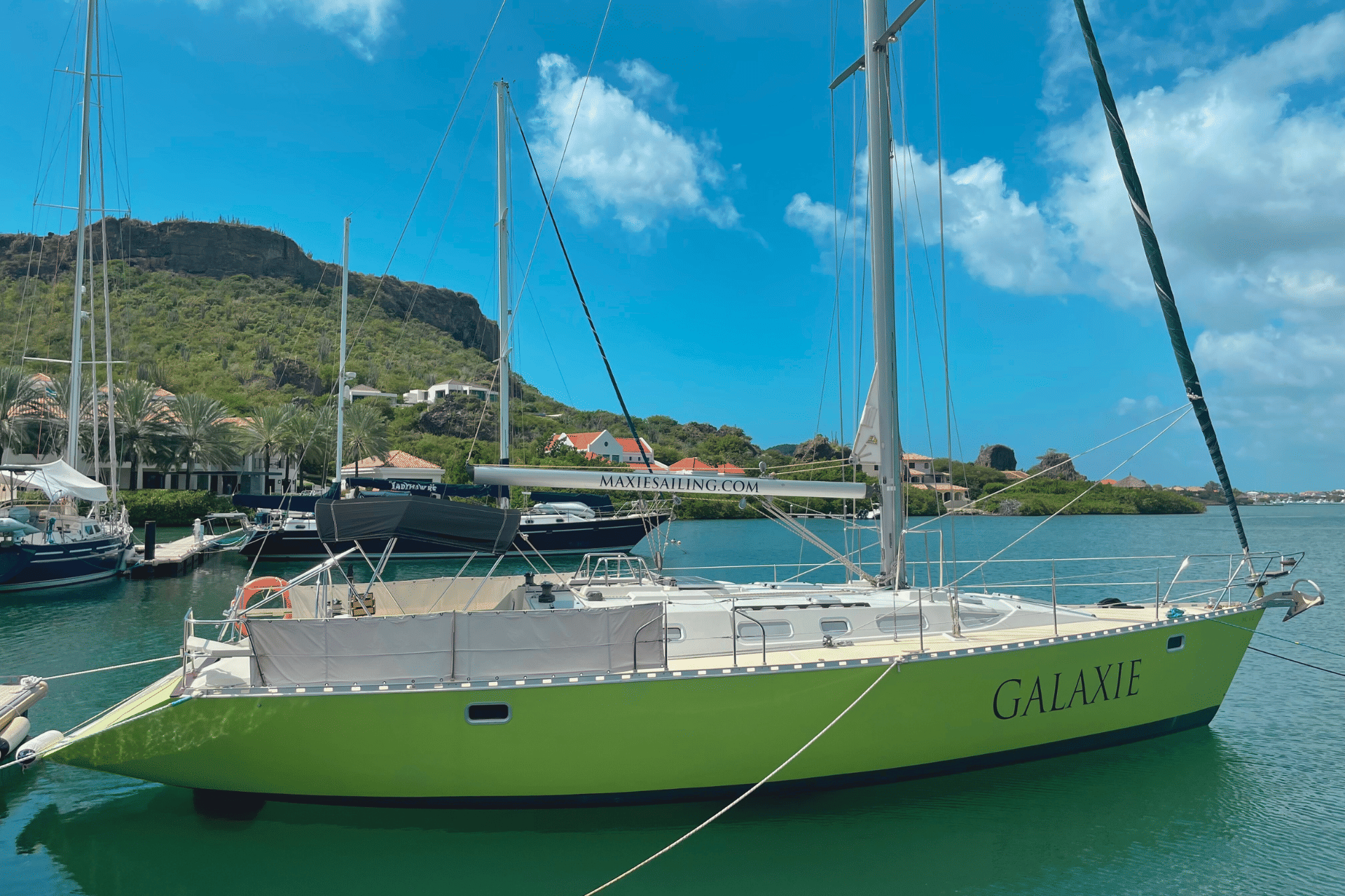 beautiful green 48ft sailing yacht Galaxie docked at the Seru Boca marina in the Spanish Waters