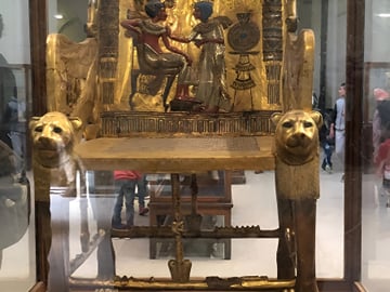 The ornate Golden Throne of Pharaoh Tutankhamun on display at the Egyptian Museum in Cairo.