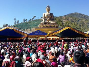 Devotees gathered for prayer ceremony at the giant Buddha Statue in Thimphu