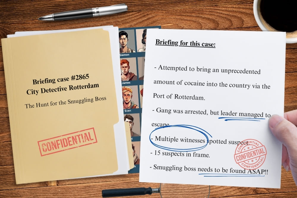Dossier-style game briefing for the Rotterdam scavenger hunt City Detective. 