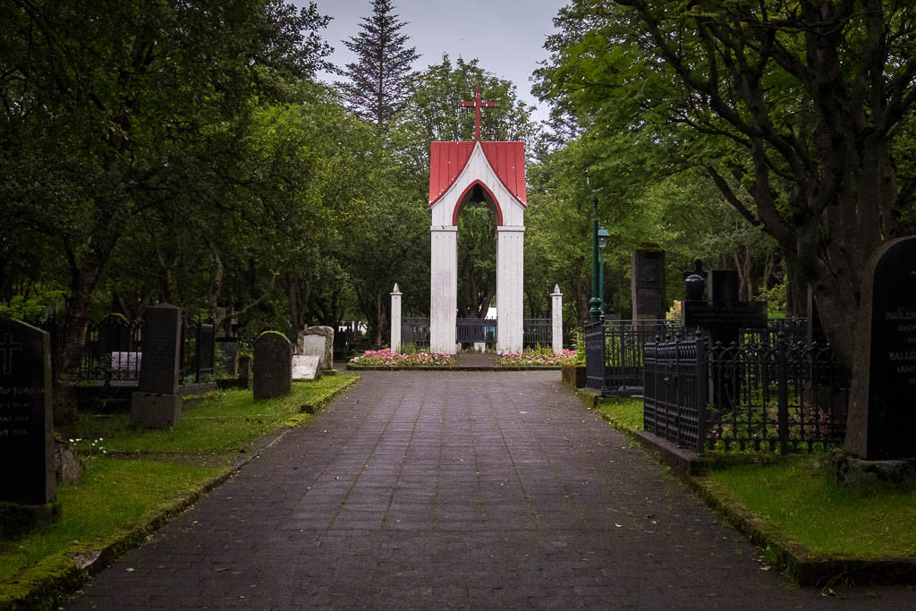 The bell tower of Hólavallakirkjugarður cemetary