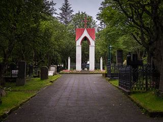 The bell tower of Hólavallakirkjugarður cemetary