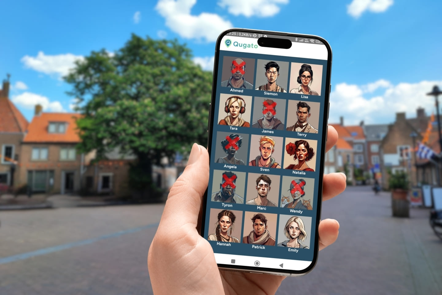 Hand holding phone with Qugato game suspect board
