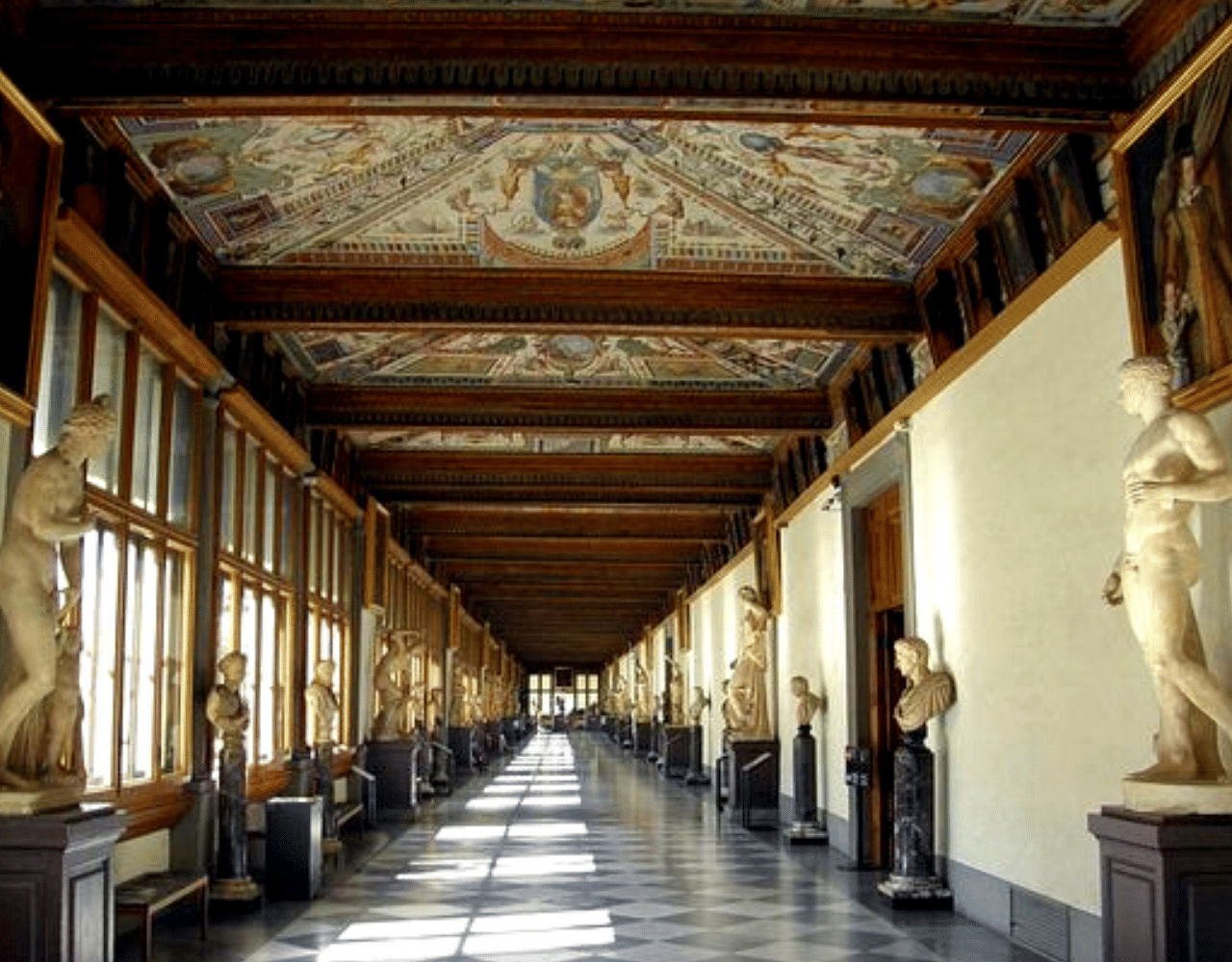 Sculptures on display in one of the corridors of the Uffizi Gallery