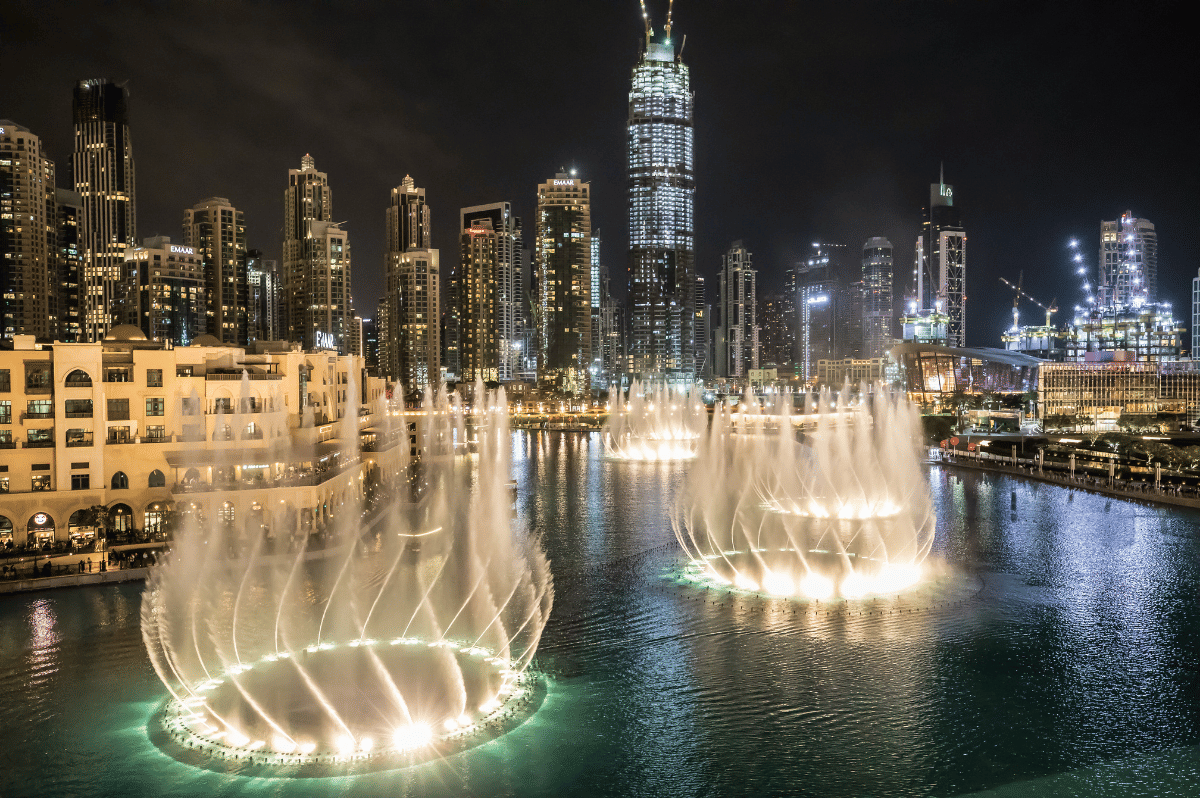 Dubai Fountain water show in front of the Burj Khalifa at night