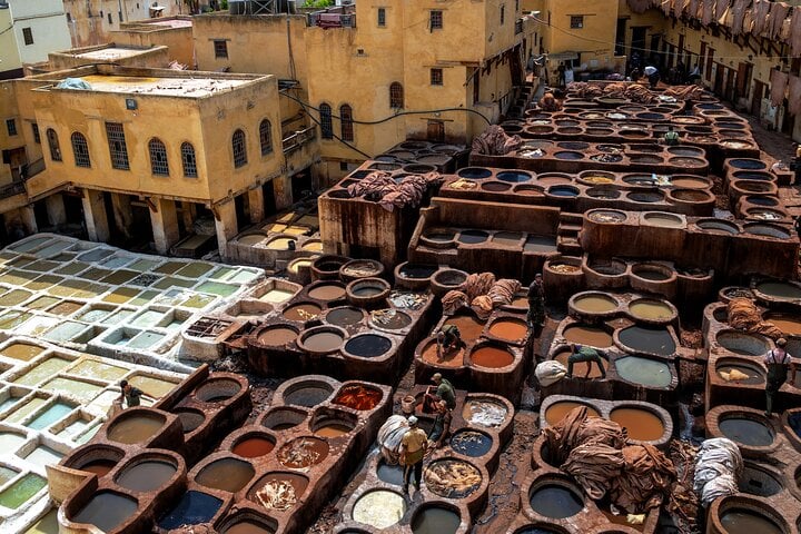 Traditional tanning plants in Fez (Chouara), famous for their dyeing ponds and ancestral leather craftsmanship, in the heart of the UNESCO World Heritage Medina of Fez.