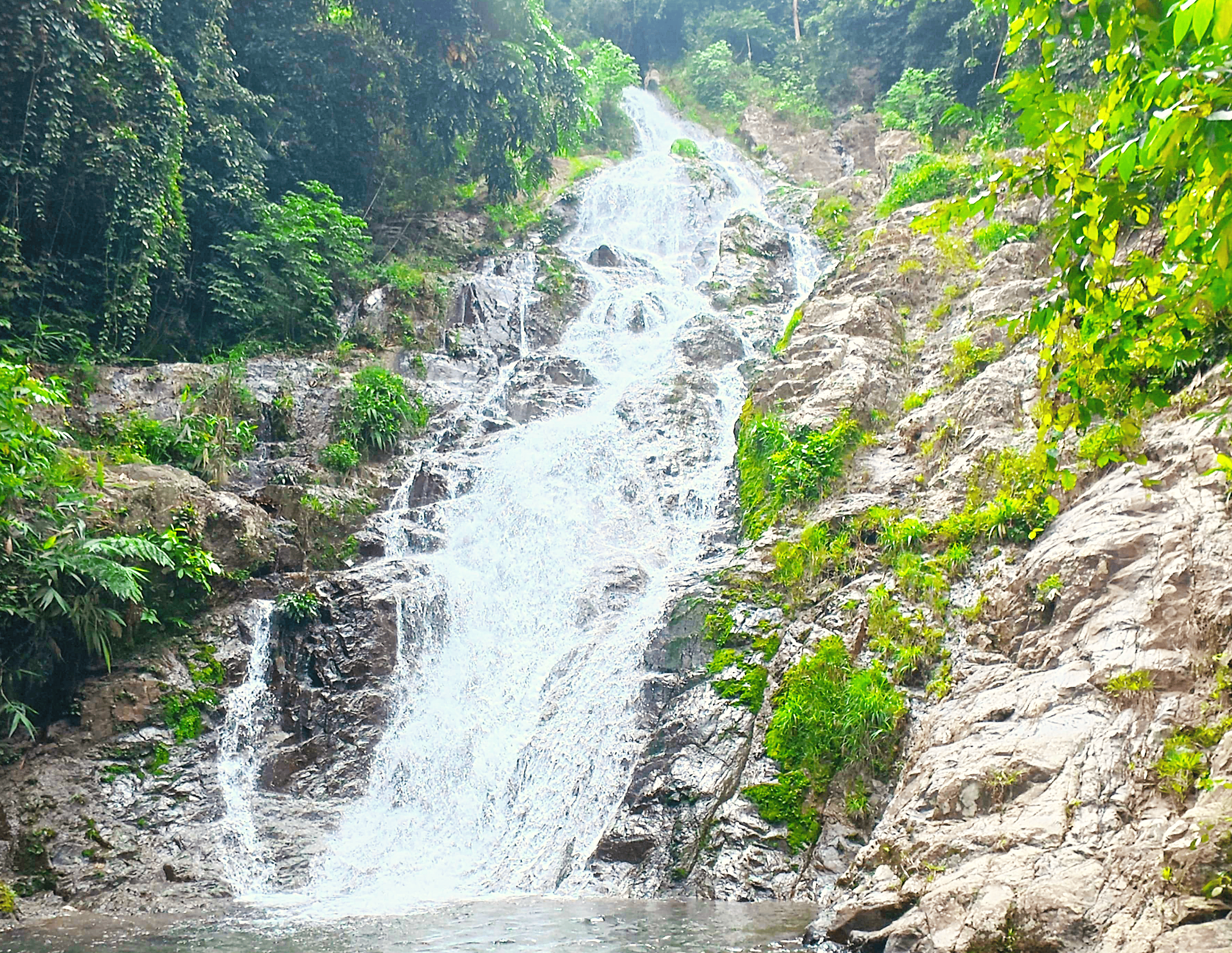The beautiful Jeram Perlus waterfall cascades down a rocky, moss-covered slope into a clear pool, surrounded by lush green rainforest. 