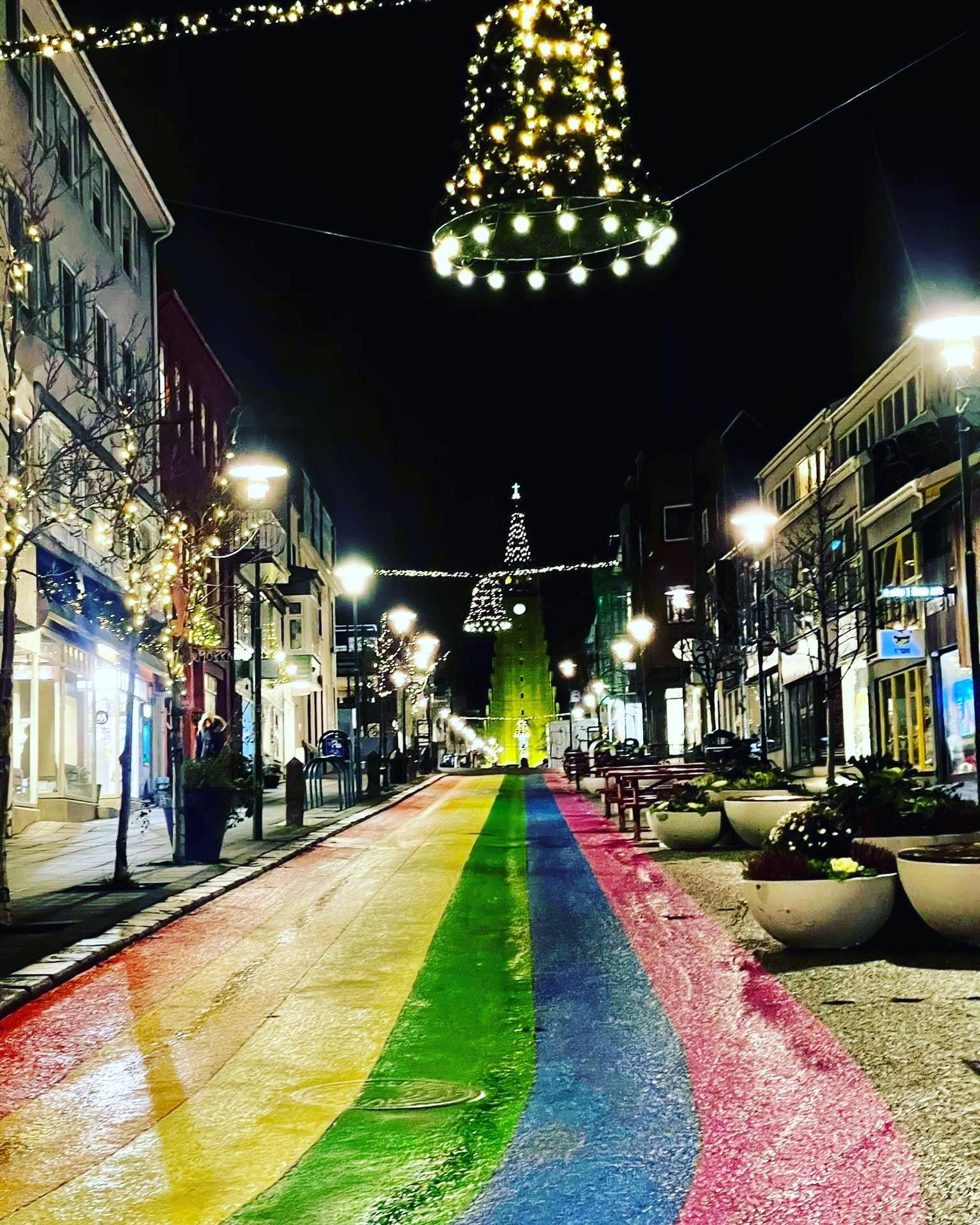 The Rainbow Street in downtown Reykjavik during Christmas Time