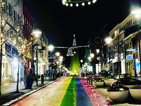 The Rainbow Street in downtown Reykjavik during Christmas Time