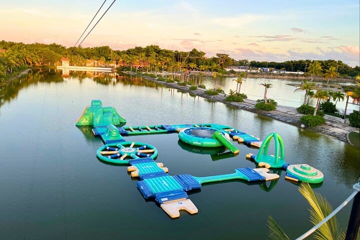 Sunset over a thrilling floating obstacle course!