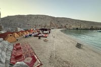 This is where you'll spend the night! Enjoy the cozy setup, traditional carpets, and stunning scenery right before your delicious BBQ Dinner on this Musandam Khasab Overnight experience.