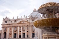Fountain on St. Peter`s square and St. Peter's basilica, Vatican, center of Rome