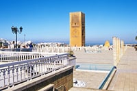 Panoramic view of the Hassan Tower, historic emblem of Rabat overlooking the shore of the Bouregreg.