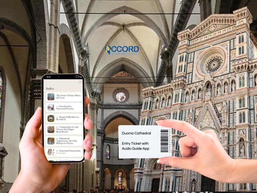 Ticket and Smartphone displaying the Audioguide with the Santa Maria del Fiore Cathedral in the background
