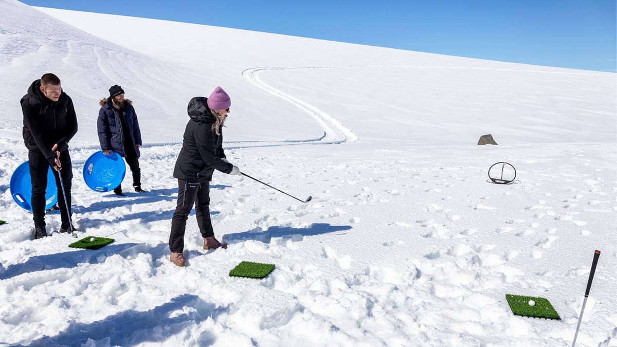 Experience the unique thrill of playing glacier golf atop the icy expanse.