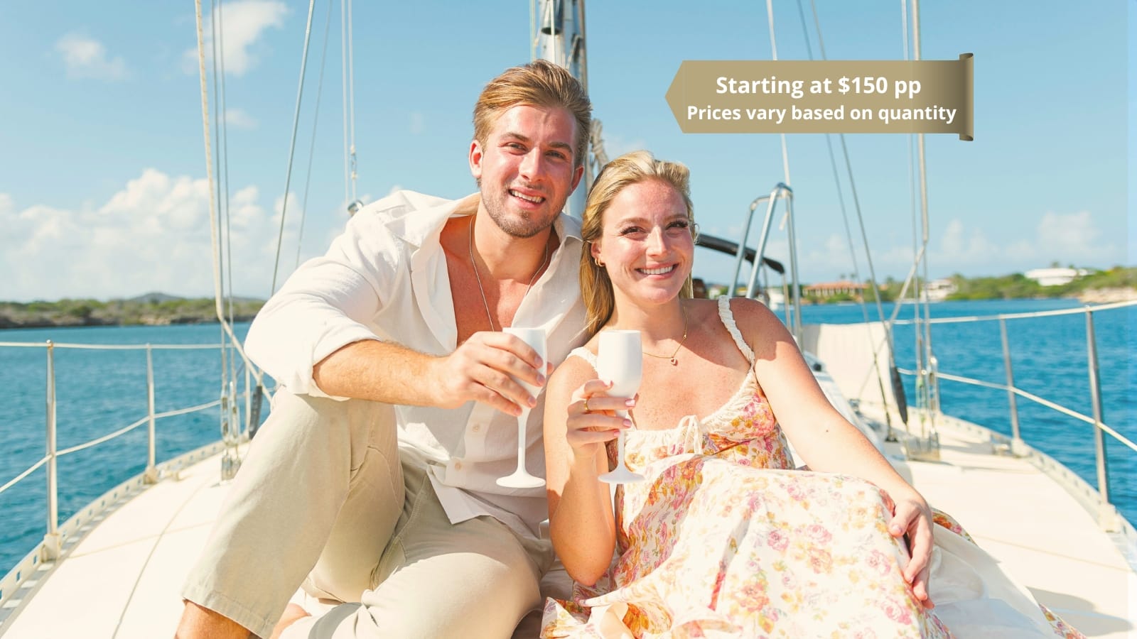 Romantic couple enjoying private boat charter in Curacao with Maxie Sailing