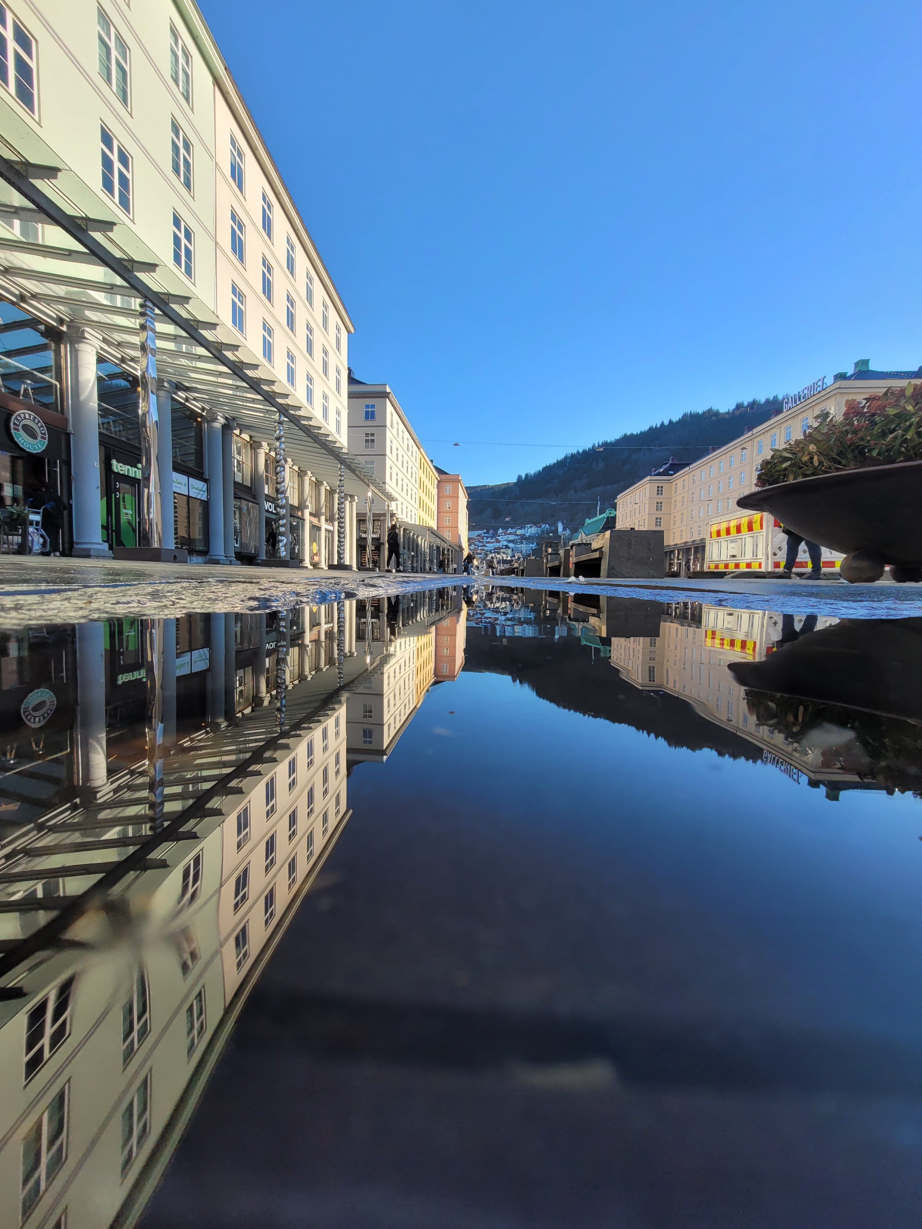 City buildings mirrored in still water, showing creative composition and reflections explored during the photowalk.